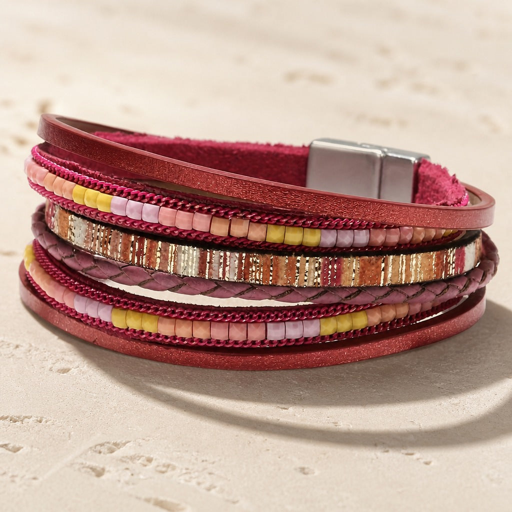 Boho Multi-Strand Leather Bead Bracelet with Magnetic Clasp — main image