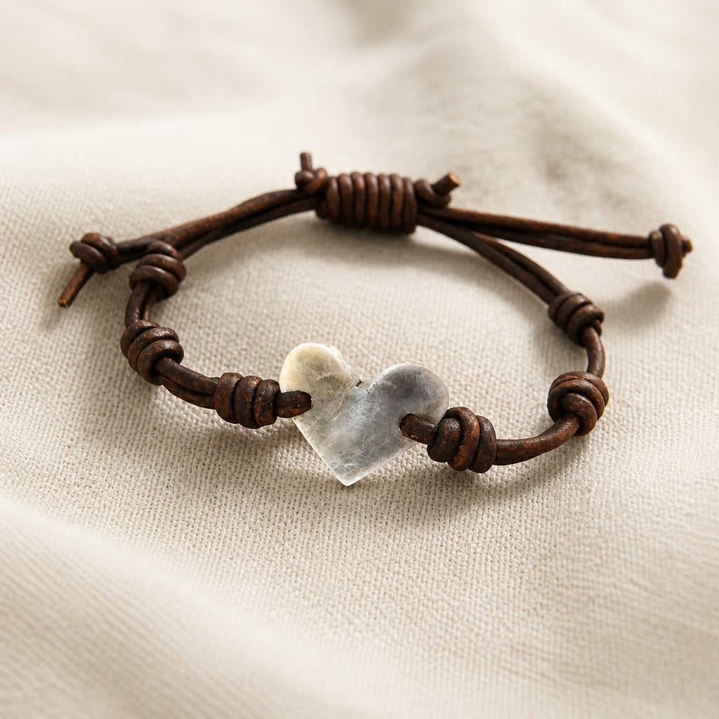 Heart-Shaped Clear Stone Knotted Leather Bracelet — main image
