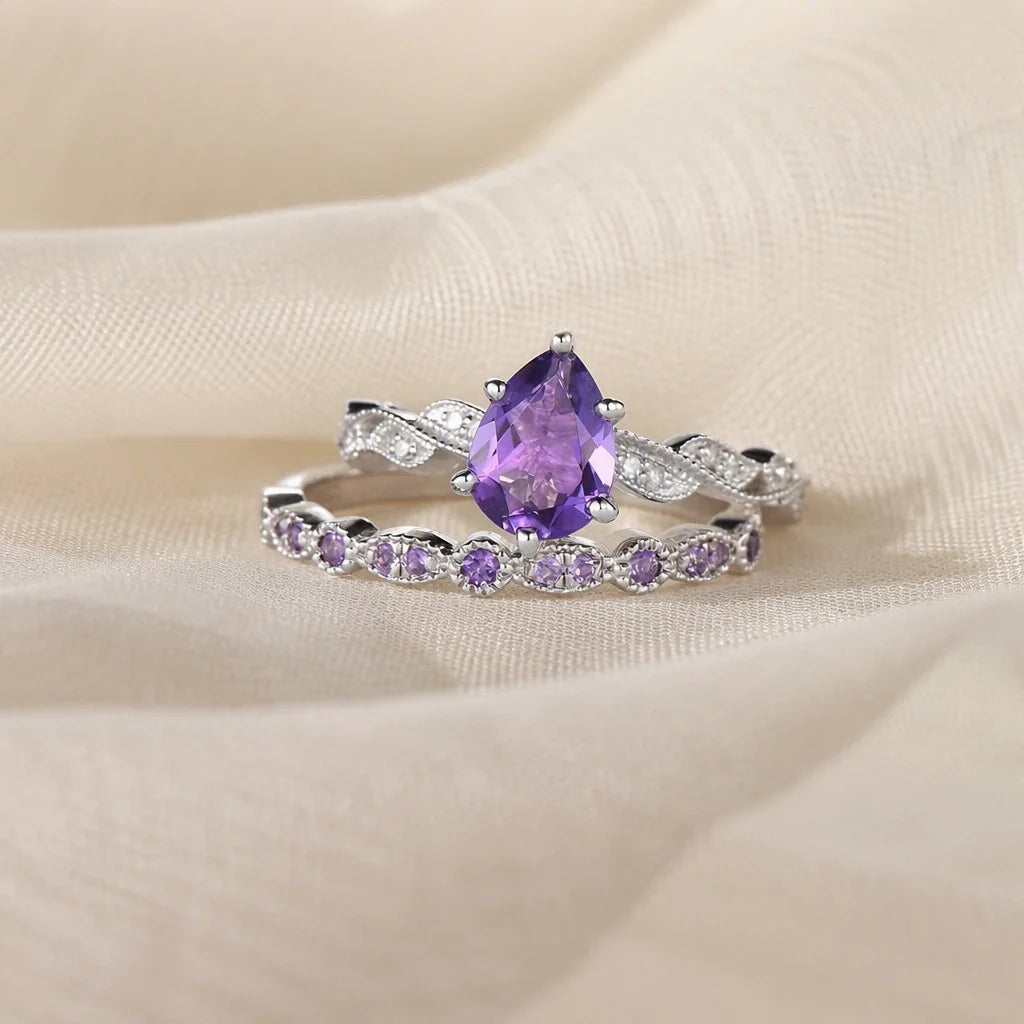 Pear-Cut Amethyst Ring Set with Twisted Silver-Tone Band
