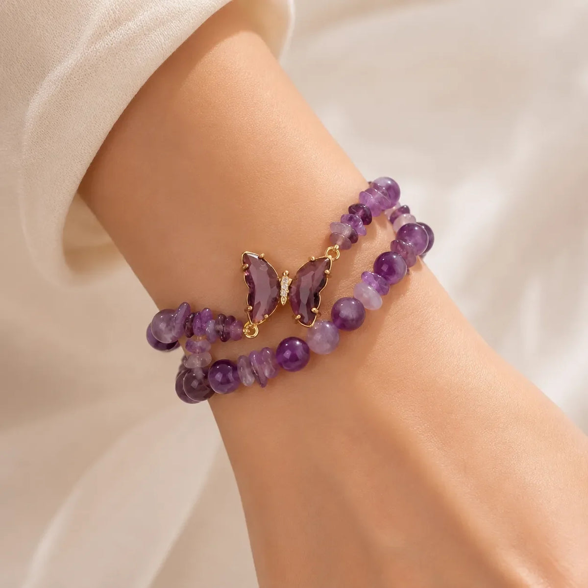 Butterfly Amethyst Beaded Bracelet Set with Gold-Tone Charm