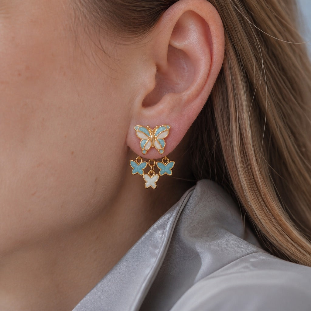 Butterfly Charm Drop Earrings with Turquoise and White Enamel — main image