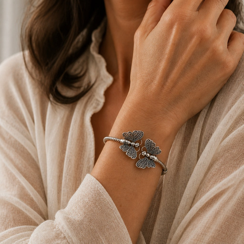 Butterfly Filigree Cuff Bracelet in Antiqued Silver Tone with Twisted Band — main image