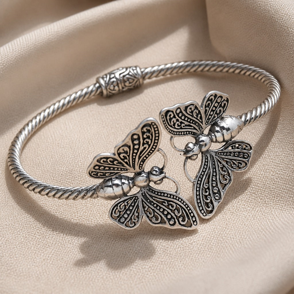 Butterfly Filigree Cuff Bracelet in Antiqued Silver Tone with Twisted Band — view 2
