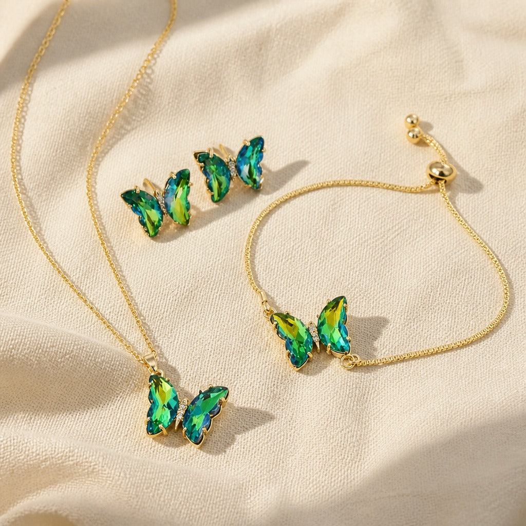 Butterfly Crystal Jewelry Set - Gold-Tone Earrings, Necklace and Bracelet with Iridescent Stones — view 2