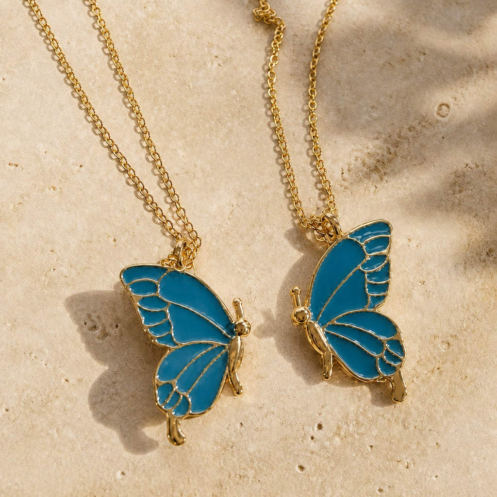 Butterfly Pendant Necklace Set, Enamel Wing Detail, Gold-Tone — view 3
