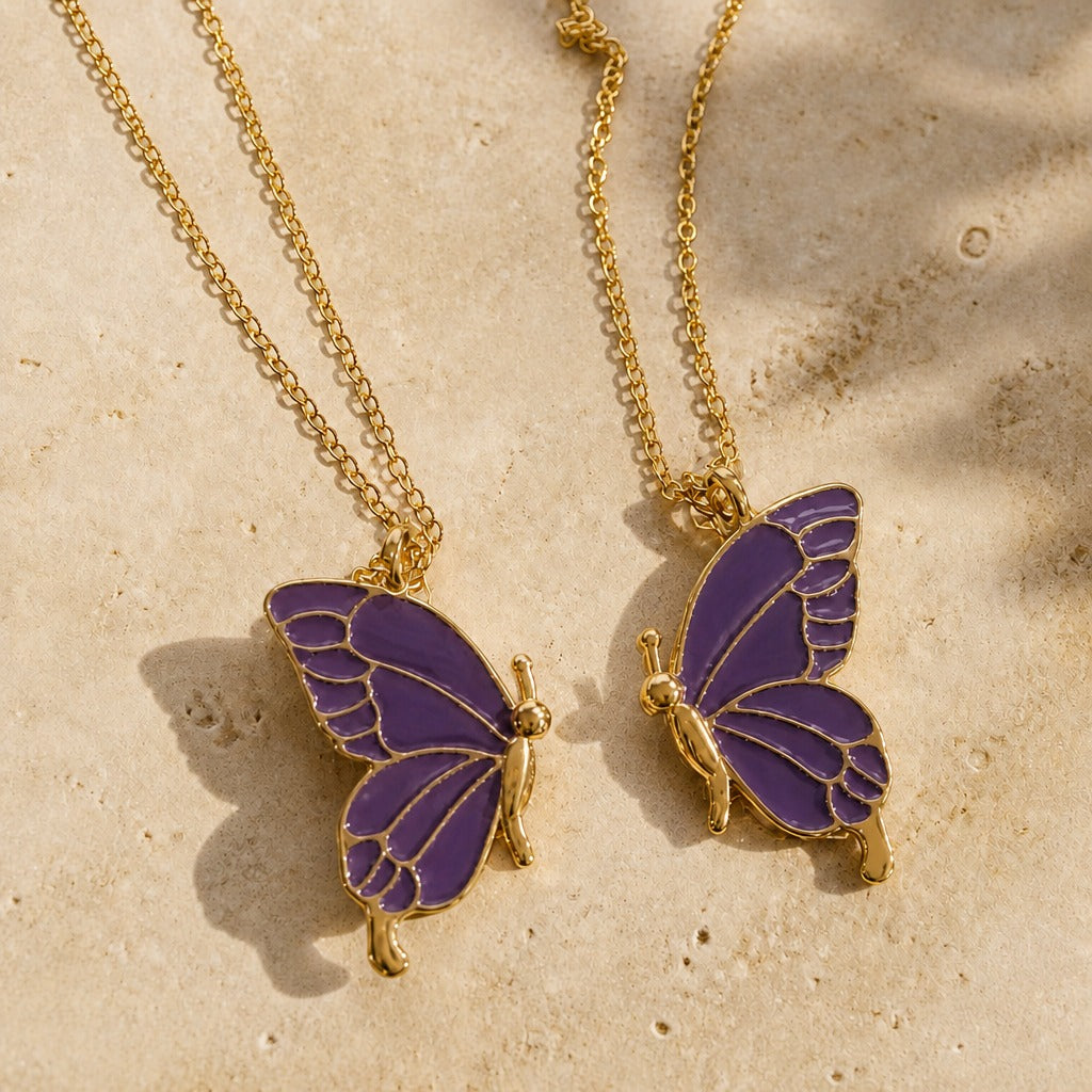 Butterfly Pendant Necklace Set, Enamel Wing Detail, Gold-Tone — view 4