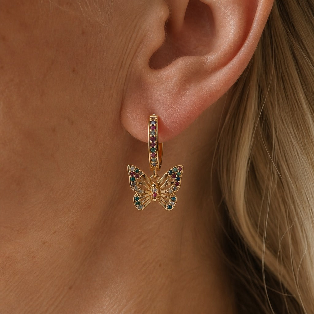 Butterfly Multicolor Cubic Zirconia Hoop Earrings with Open Filigree Wings — main image
