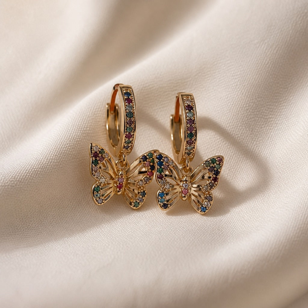 Butterfly Multicolor Cubic Zirconia Hoop Earrings with Open Filigree Wings — view 2