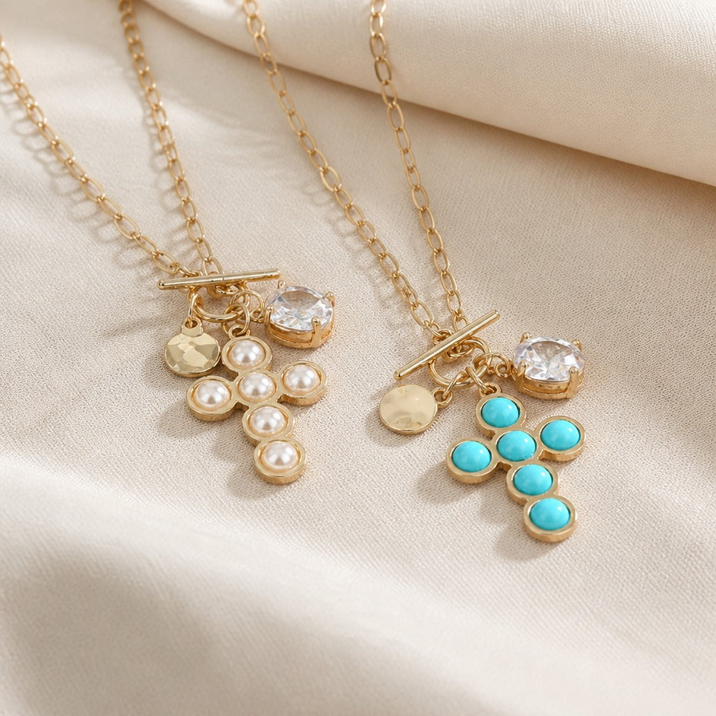 Cross Charm Pendant Necklace with Pearl and Turquoise Accents — view 3