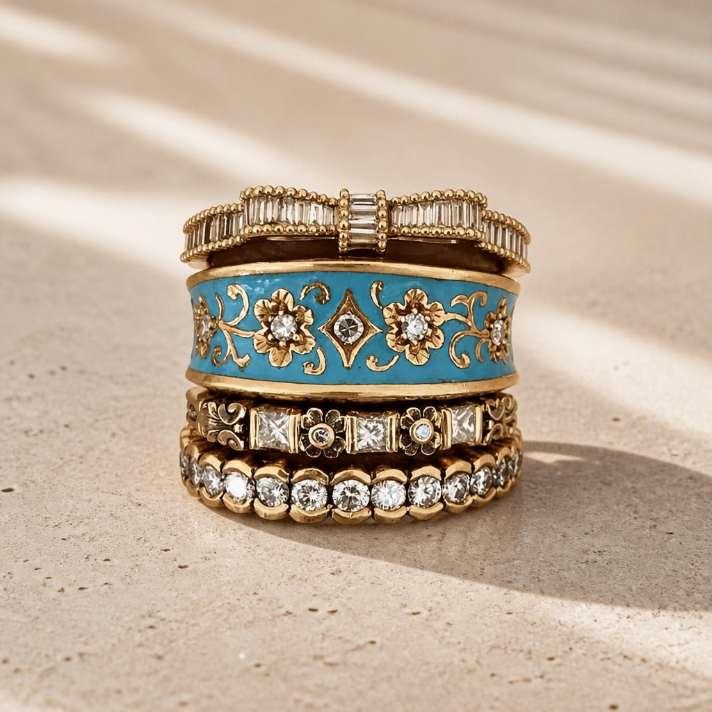Turquoise Filigree Stackable Ring Set with Cubic Zirconia — main image