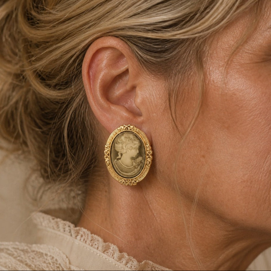 Classical Portrait Cameo Stud Earrings with Ornate Scrollwork Frame — main image
