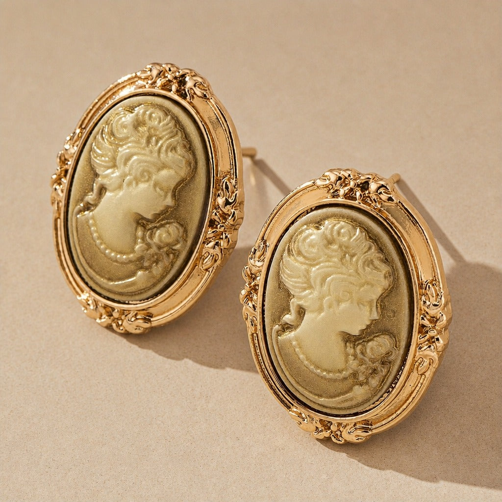 Classical Portrait Cameo Stud Earrings with Ornate Scrollwork Frame — view 2