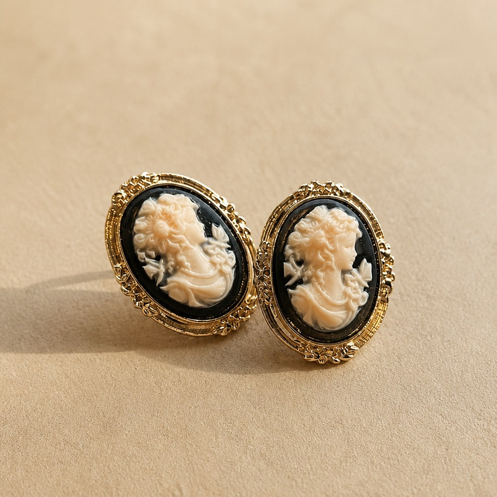 Classical Portrait Cameo Stud Earrings with Ornate Scrollwork Frame — view 3