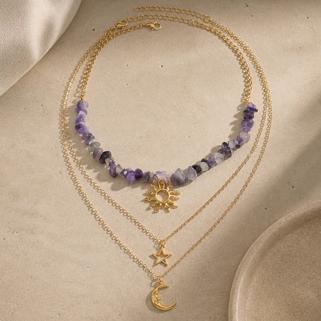 Celestial Amethyst Beaded Layered Necklace Set with Sun, Star & Moon Charms