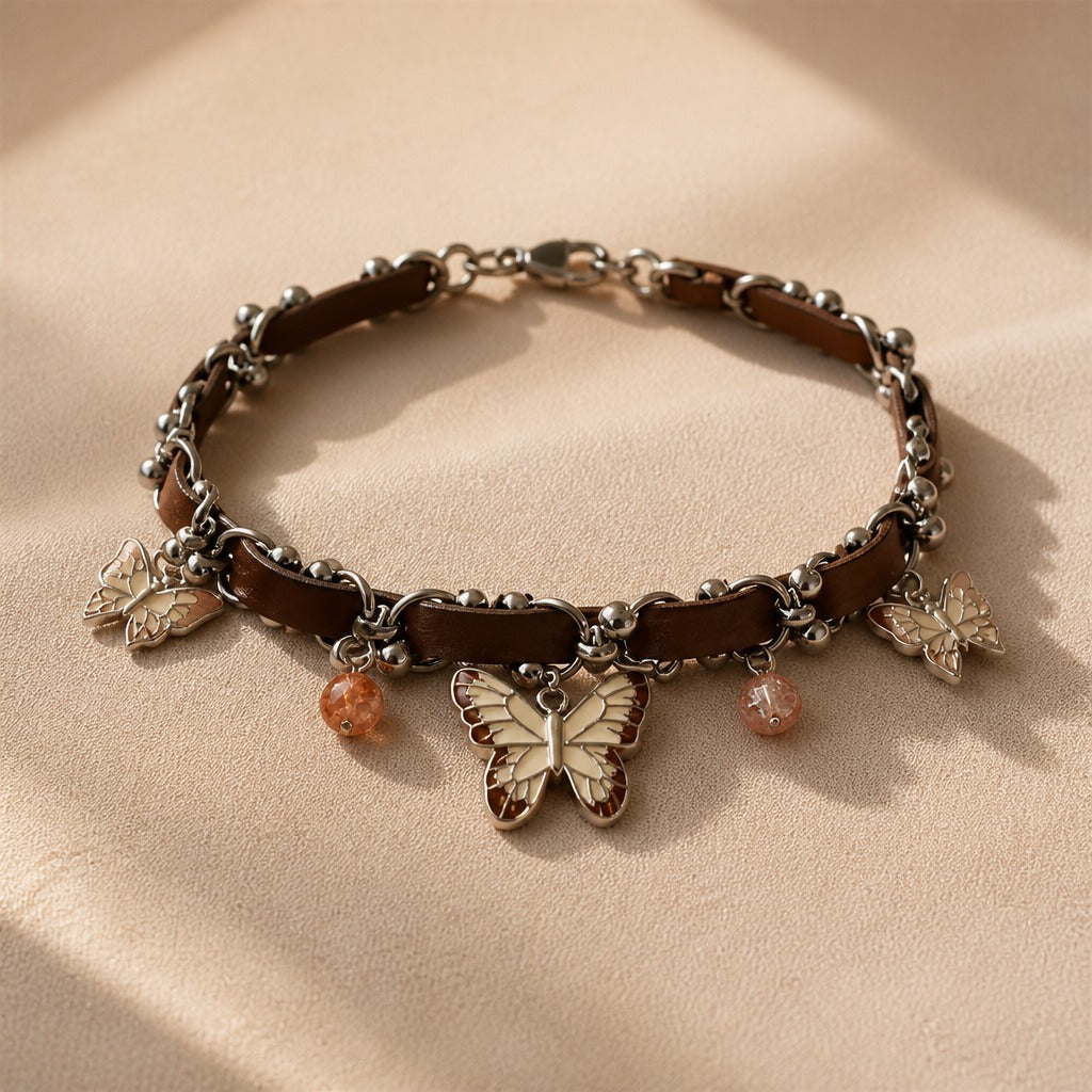 Butterfly Charm Leather Choker Necklace with Silver-Tone Chain — view 2