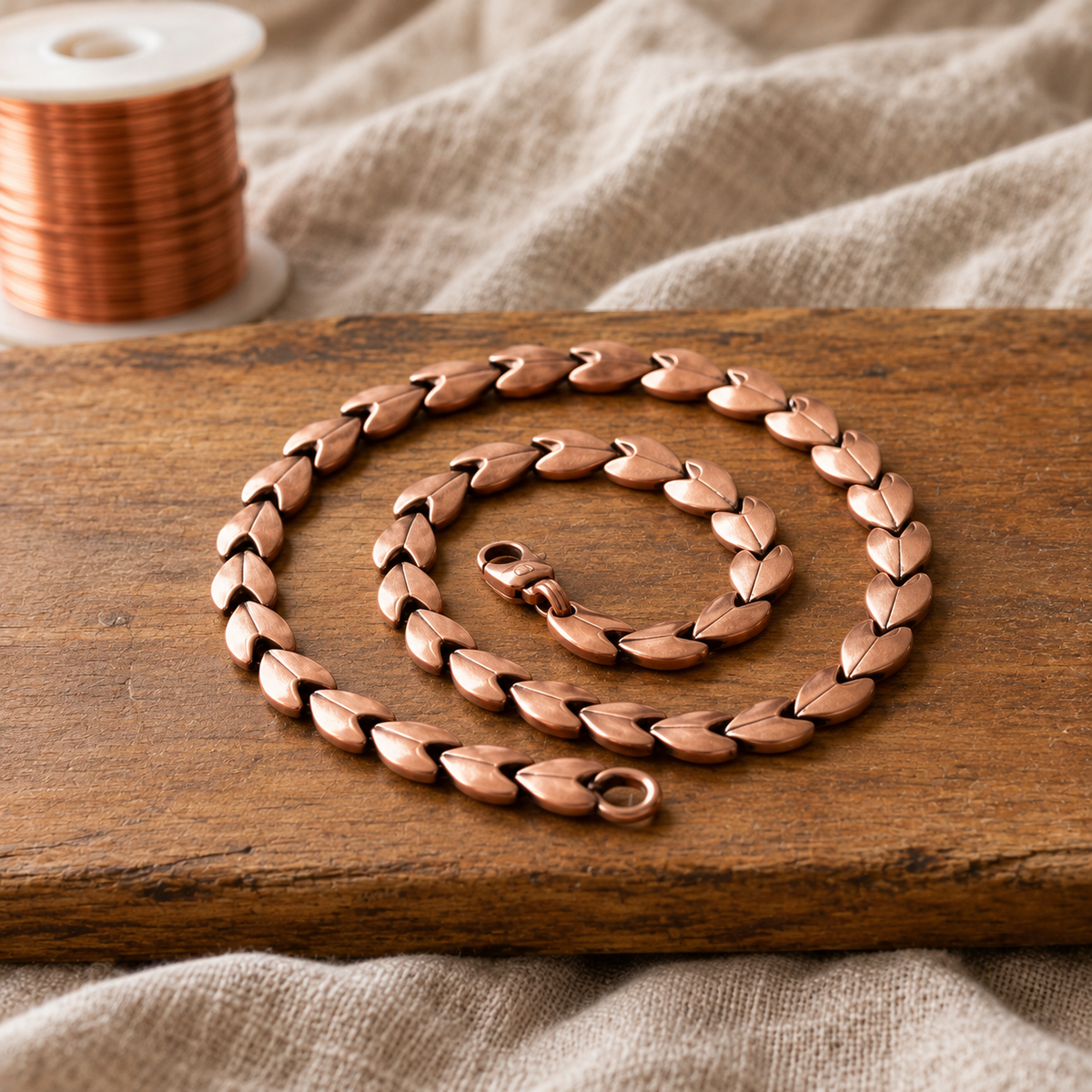 Copper Jewelry Set - Adjustable Leaf Ring, Leaf-Link Necklace and Floral Cuff Bracelet - 3 Pieces