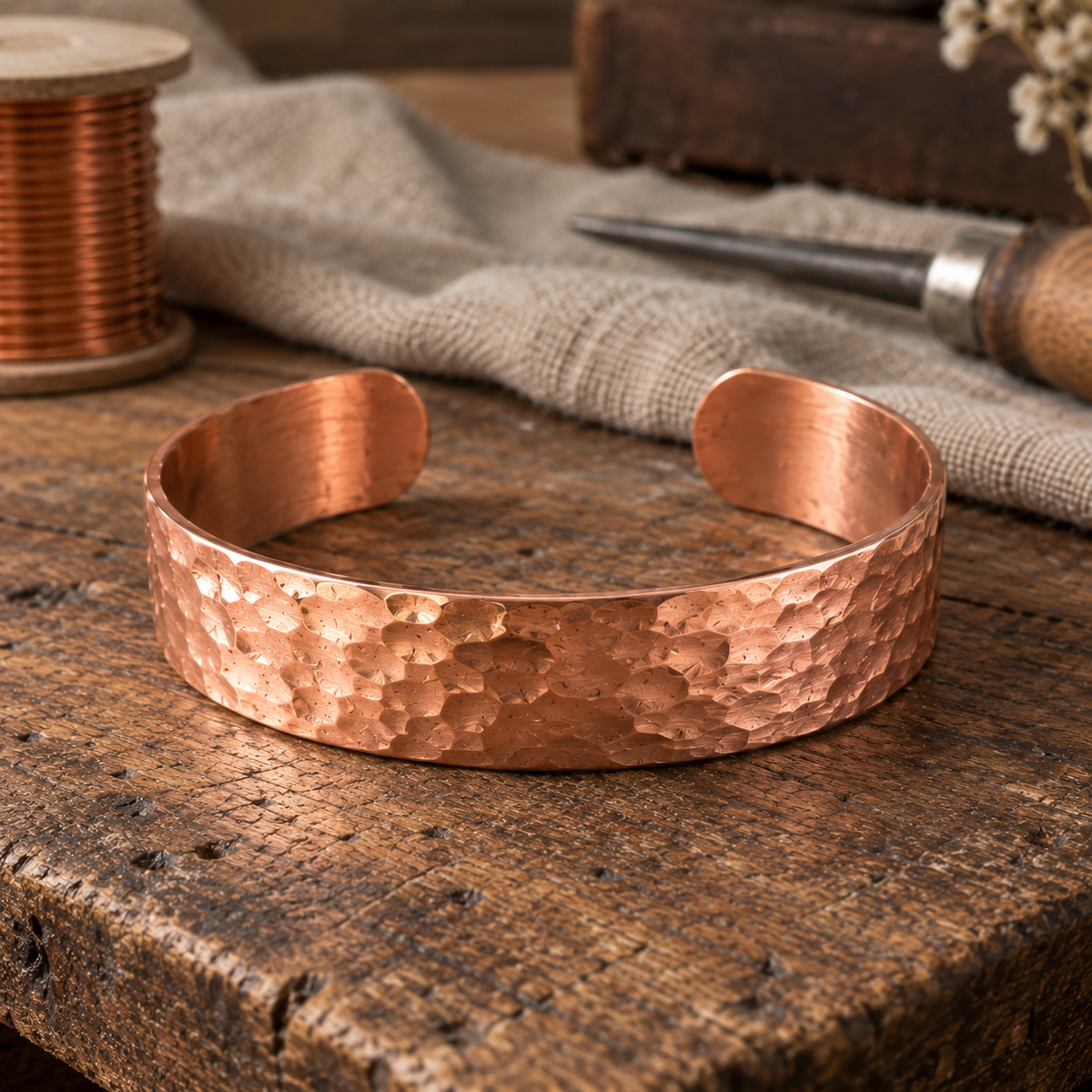 Hammered Copper Cuff Bracelet, Adjustable Open Cuff, 99.9% Pure Copper — Handmade Artisan Jewelry — main image