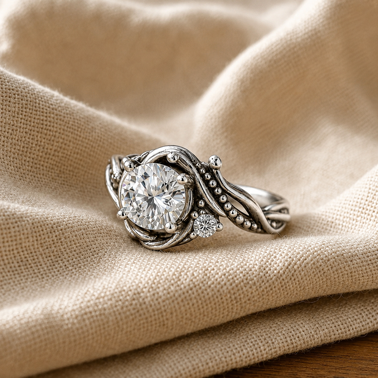 Branch Halo Zirconia Ring with Scroll Detail