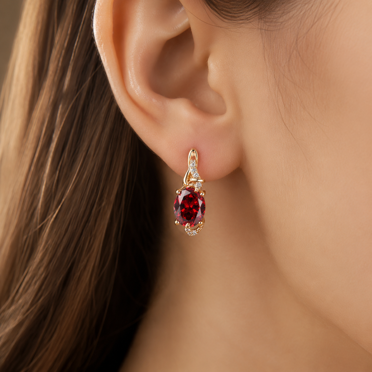 Oval Ruby Drop Earrings with Accent Stones and Leverback Closure — view 2