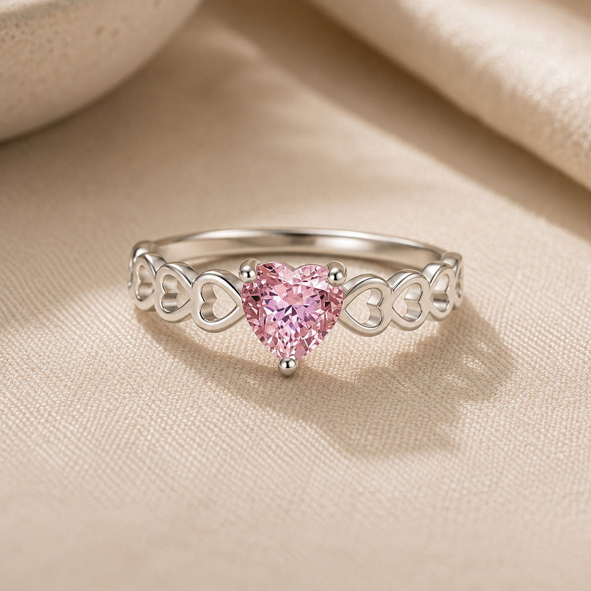 Heart-Shaped Pink Zirconia Ring with Heart Cutout Band, White Gold Tone — view 2