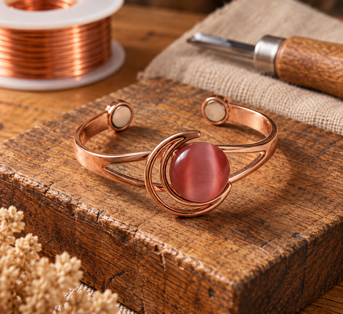 Copper Cuff Bracelet with Reddish-Brown Stone Inlay — Handmade Adjustable Design — main image
