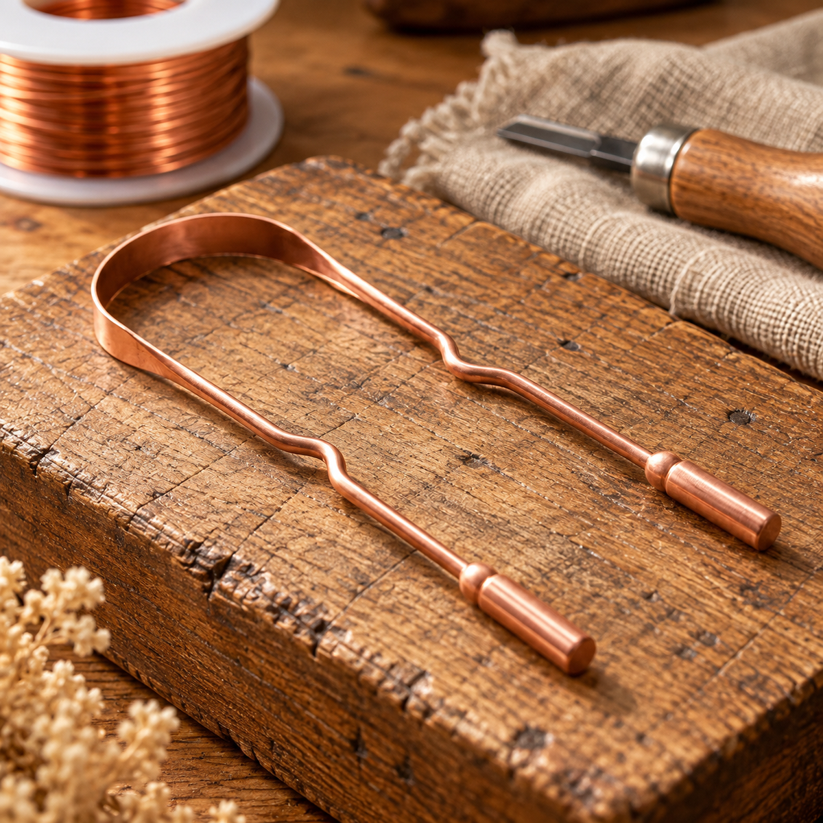 Tongue Scraper 99.9% Pure Copper Hand-Shaped U-Shaped Design — Natural Oral Care Tool — main image