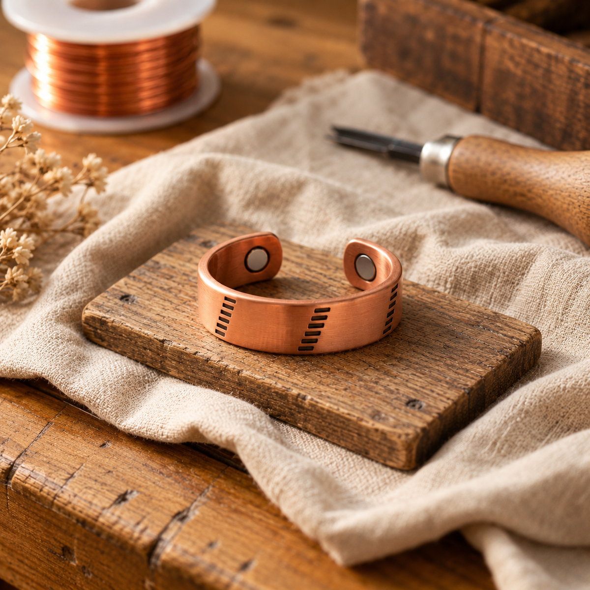 Cuff Bracelet Reddish-Brown Pure Copper Notched Design with Magnetic Closure — Artisan Copper Jewelry — main image