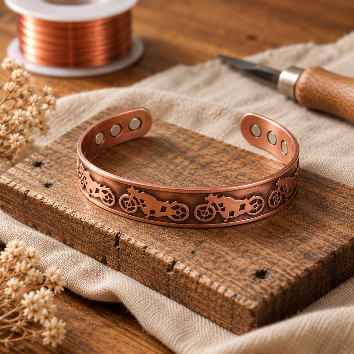Copper Cuff Bracelet Oxidized Finish Embossed Gear Pattern — Adjustable Open Cuff — main image