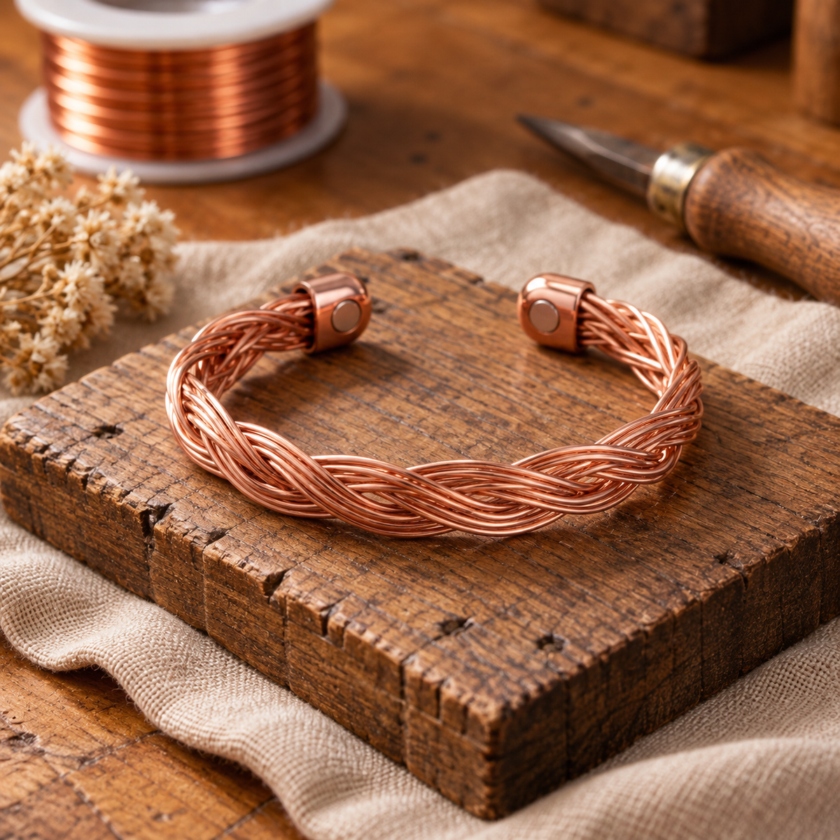 Twisted Copper Wire Cuff Bracelet, Adjustable, Pure Copper — Handcrafted Wire Design — main image