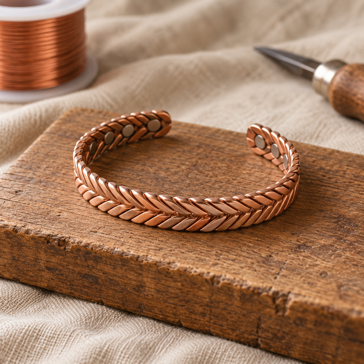 Twisted Copper Cuff Bracelet, Pure Copper Open Bangle, Adjustable, Hand-Shaped — main image