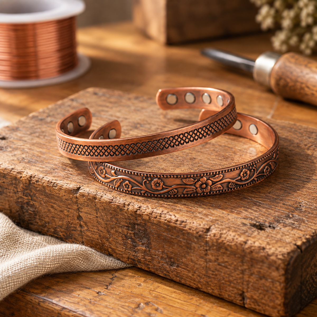 Copper Cuff Bracelet Set Copper-Tone 99.9% Pure Copper Adjustable Open Cuff — Hand-Shaped Artisan Design — main image