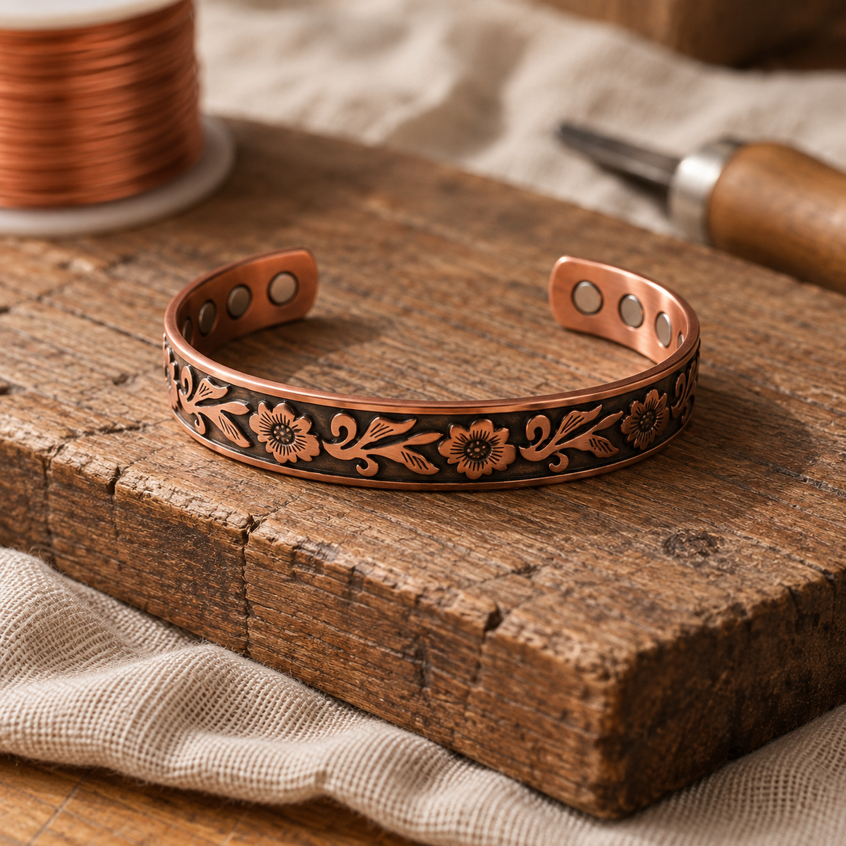 Copper Cuff Bracelet with Hand-Etched Floral Pattern and Magnetic Therapy Dots — Adjustable Open Cuff Design — main image