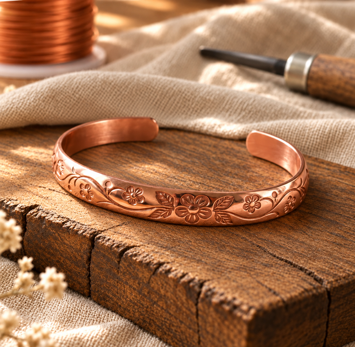 Copper Jewelry Set - Adjustable Leaf Ring, Leaf-Link Necklace and Floral Cuff Bracelet - 3 Pieces