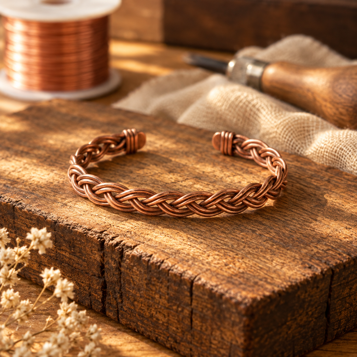 Twisted Celtic Braid Copper Cuff Bracelet, 99.9% Pure Copper, Adjustable Open Cuff for Wrist or Ankle — view 2