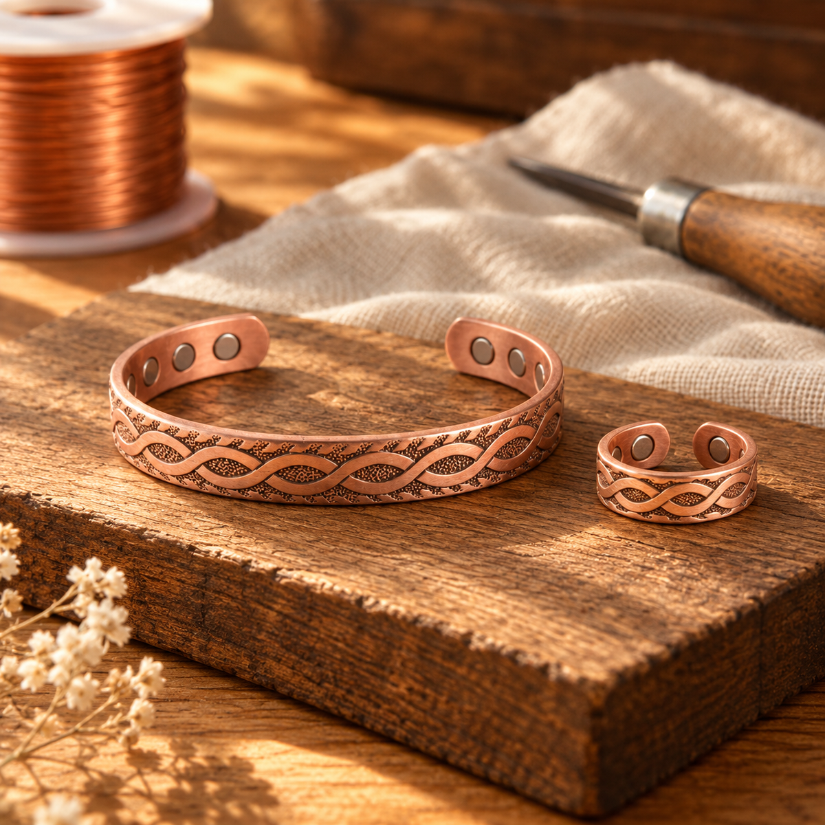 Copper Cuff Bracelet and Ring Set, Rose Copper, Woven Pattern, Magnetic Closure — Adjustable Copper Jewelry — main image
