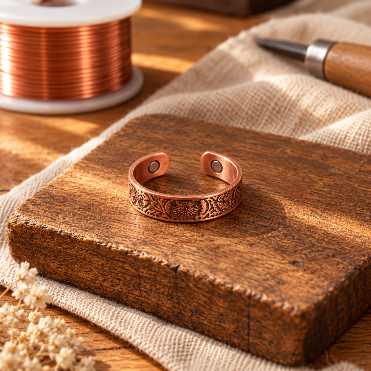 Copper Cuff Ring with Embossed Pattern and Magnetic Closure, Adjustable Open Band — main image