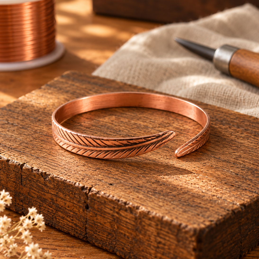 Feather-Etched Copper Cuff Bracelet, Adjustable Open Cuff, 99.9% Pure Copper — main image