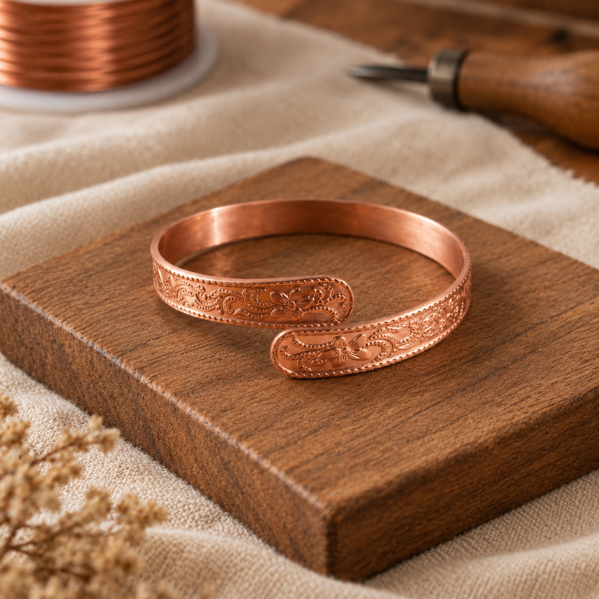 Rose Copper Bangle Bracelet – 99.9% Pure Copper, Embossed Floral Design, Hinged Open Cuff — main image