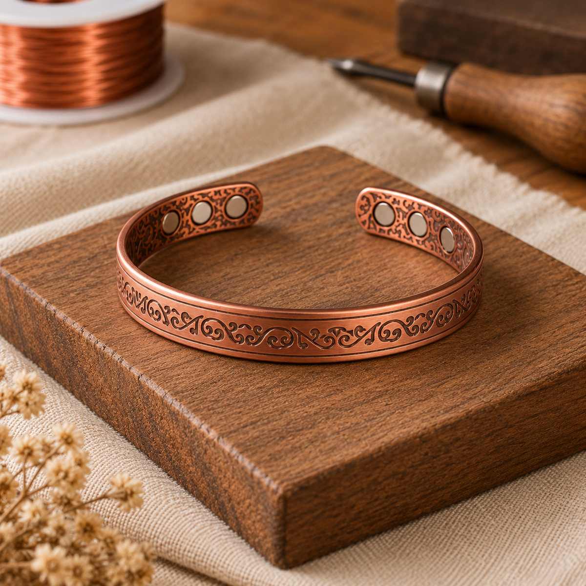 Copper Cuff Bracelet with Ornate Scrollwork and Circular Cutout Detail, Adjustable Fit — main image