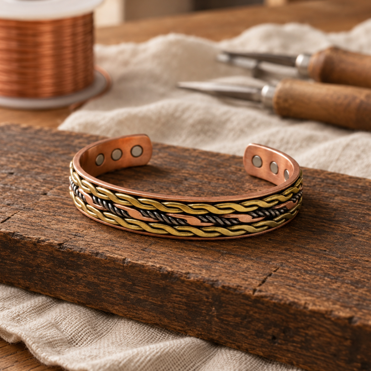 Copper Cuff Bracelet with Brass Inlay, Adjustable Open Cuff — Hand-Shaped Mixed-Metal Bangle — main image
