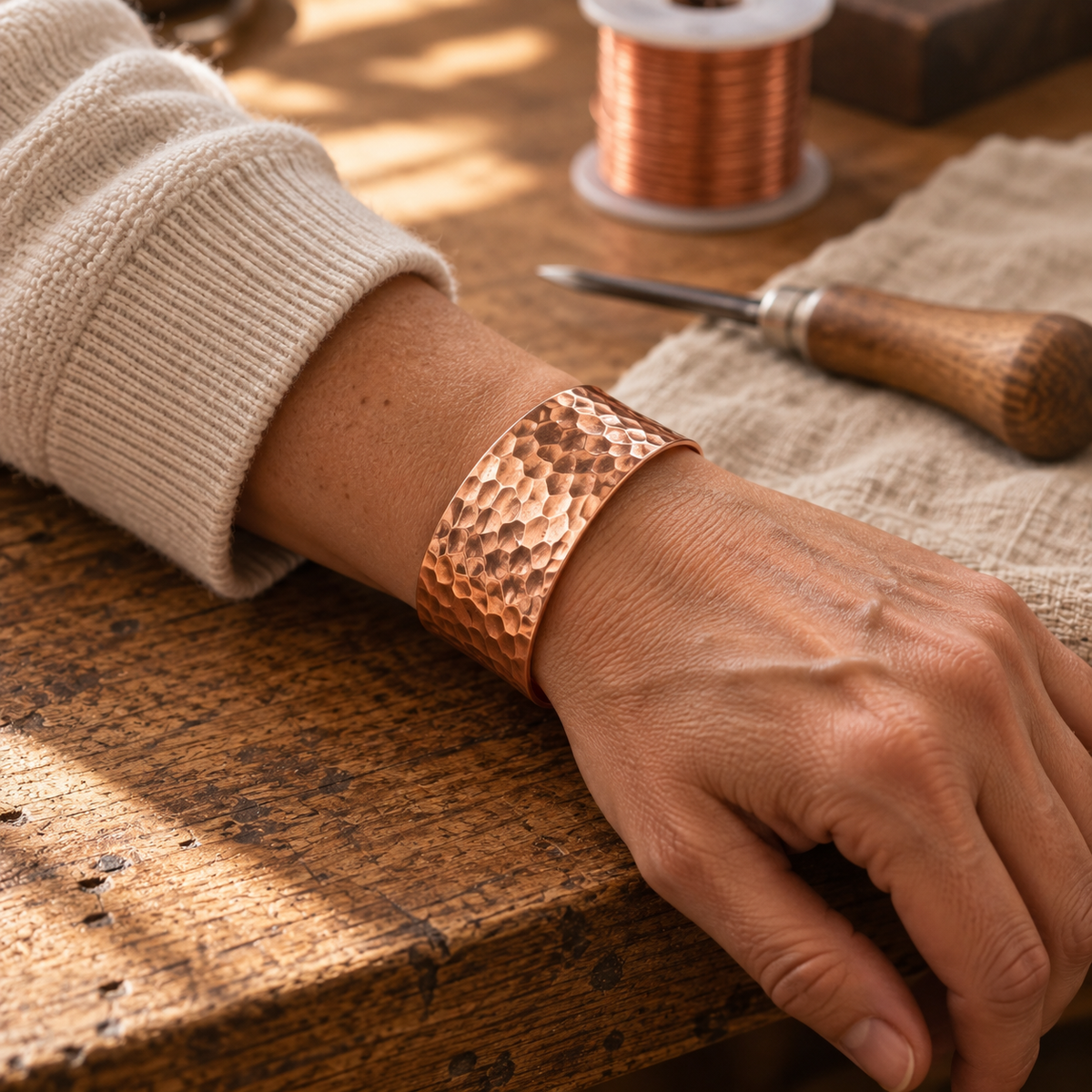 Hammered Copper Cuff Bracelet, 99.9% Pure Copper, Adjustable Open Cuff — view 2