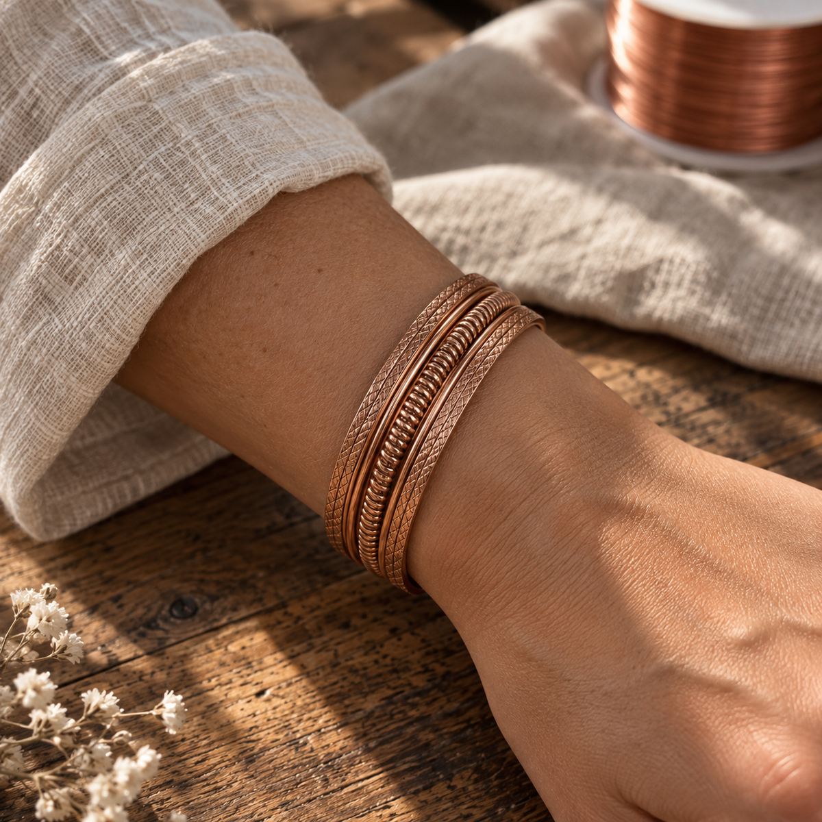 Copper Cuff Bracelet, Rose Copper Tone, 99.9% Pure Copper, Twisted Wire Design — Adjustable Open Cuff — view 2