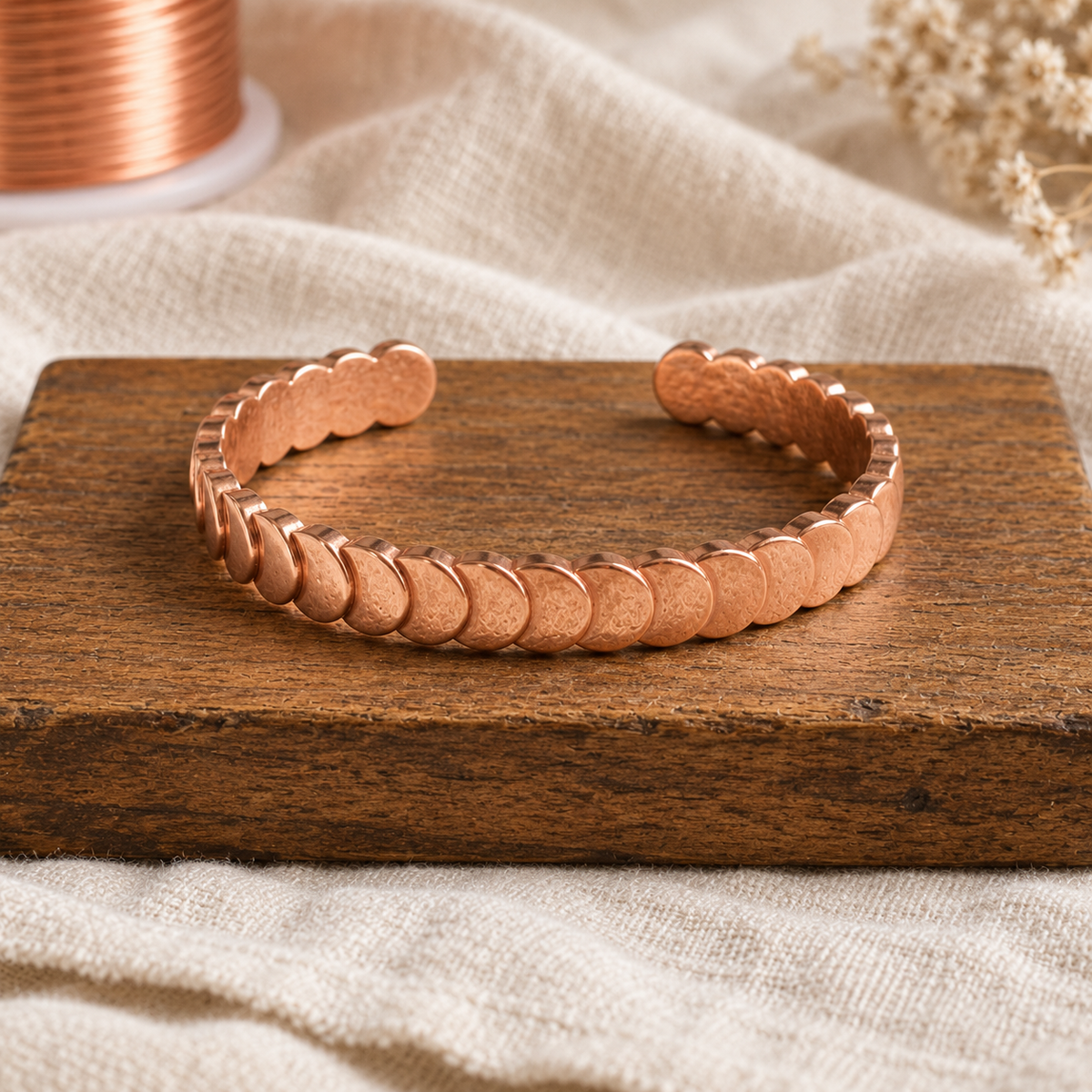 Rose Copper Cuff Bracelet, 99.9% Pure Copper, Hammered Scalloped Teardrop Design — Adjustable Open Cuff — main image