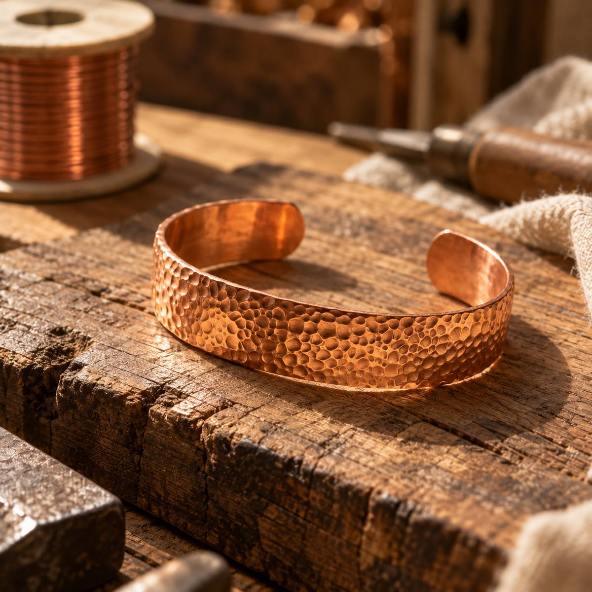 Hammered Copper Cuff Bracelet, 99.9% Pure Copper, Hand-Textured Open Design — Dimpled Finish Bracelet — main image