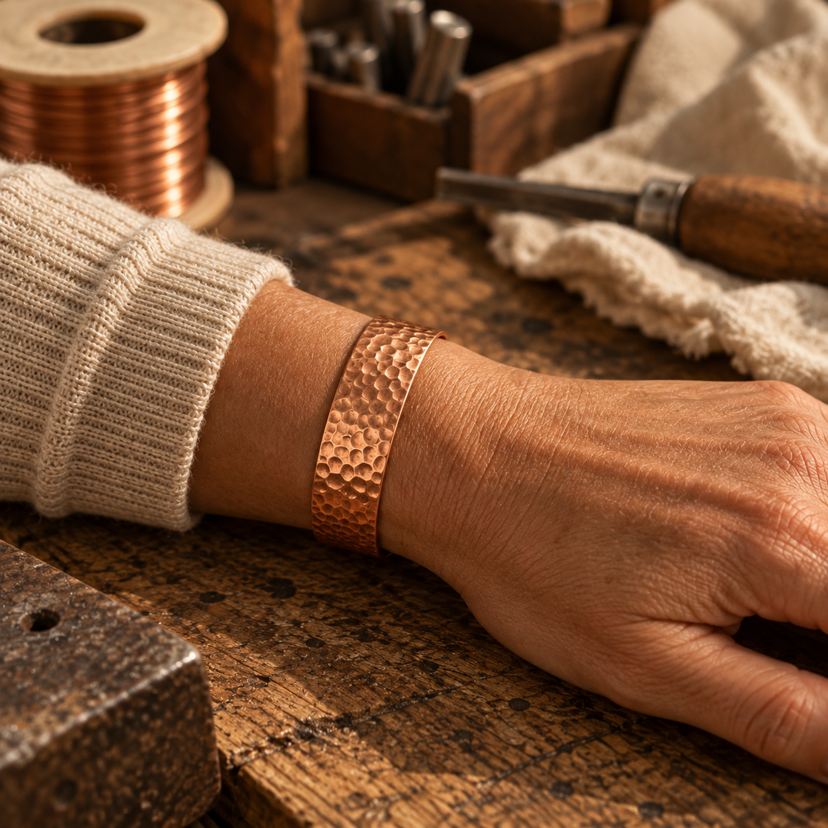 Hammered Copper Cuff Bracelet, 99.9% Pure Copper, Hand-Textured Open Design — Dimpled Finish Bracelet — view 2