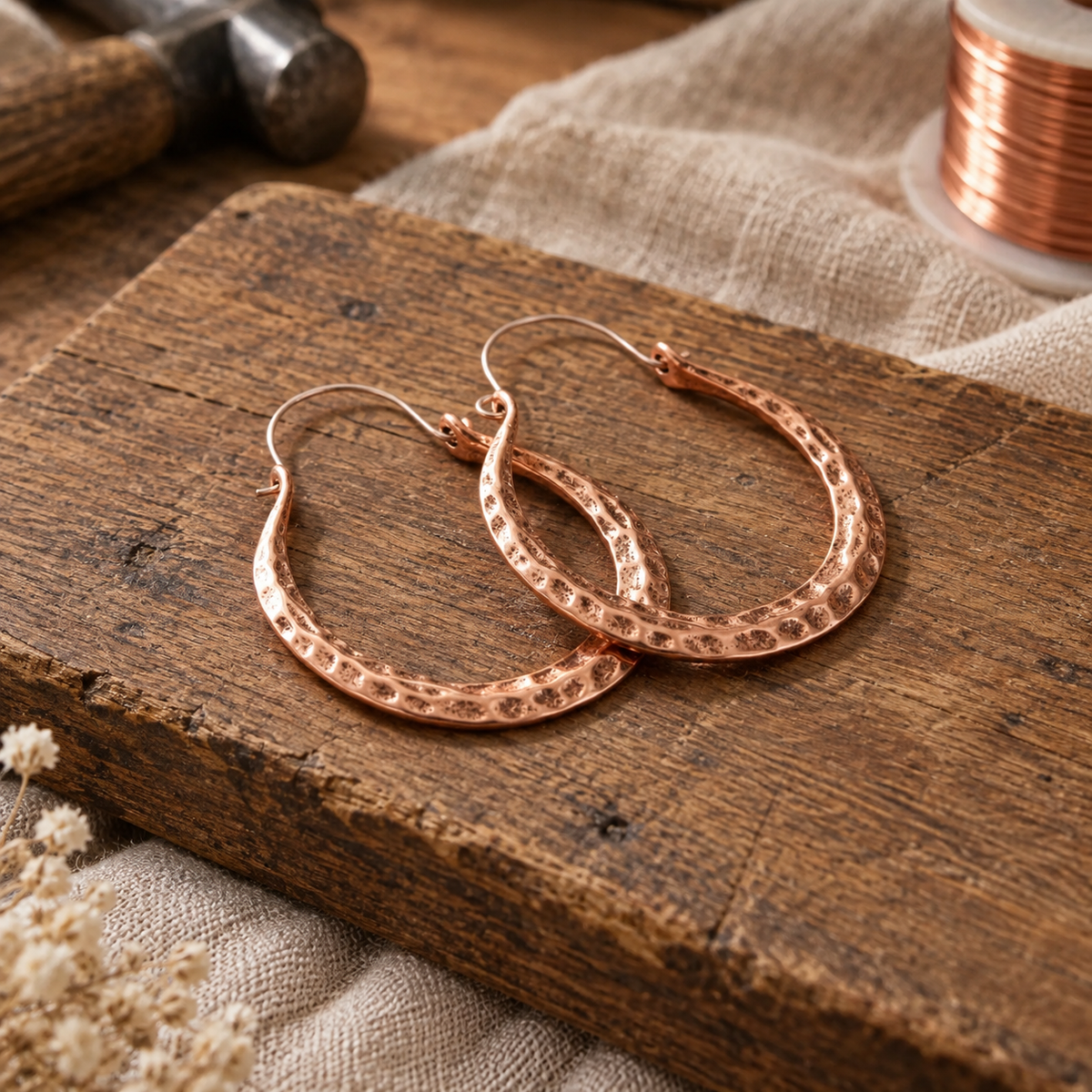 Hoop Earrings Rose Copper Hammered Texture — Oval Teardrop Design — view 2