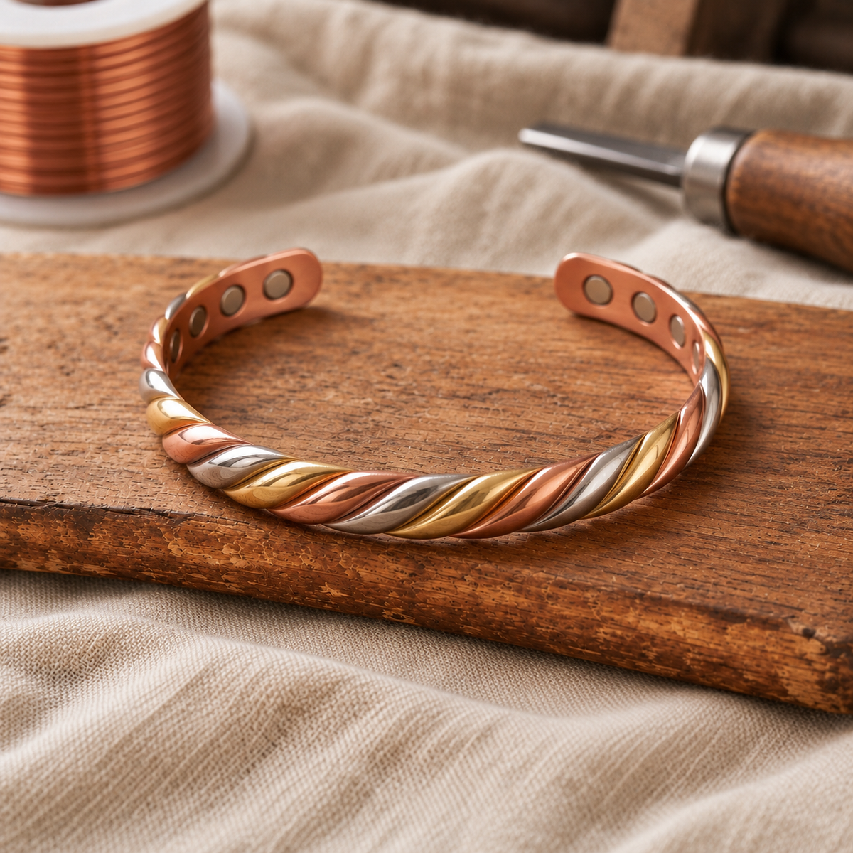 Twisted Copper Cuff Bracelet Multi-Tone 99.9% Pure Copper Hand-Shaped Spiral Design — Handcrafted Cuff Jewelry — main image