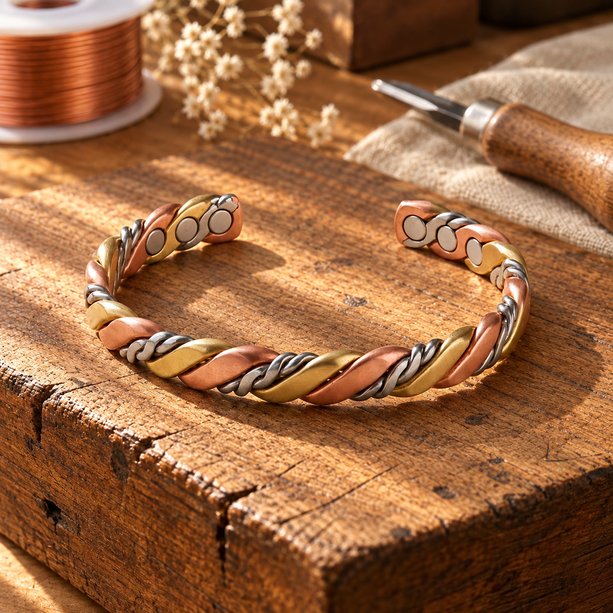 Copper Cuff Bracelet with Twisted Rope Design and Patina Finish — 99.9% Pure Copper Open Bangle — main image
