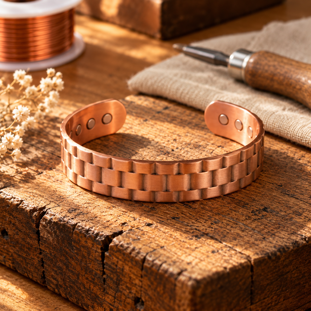 Copper Cuff Bracelet with Ribbed Texture, Adjustable Snap Fit, 99.9% Pure Copper — main image