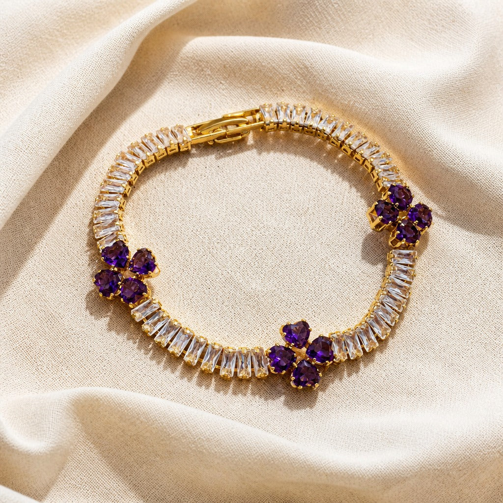 Clover Amethyst Cluster Bracelet with Baguette Accents in Gold Tone